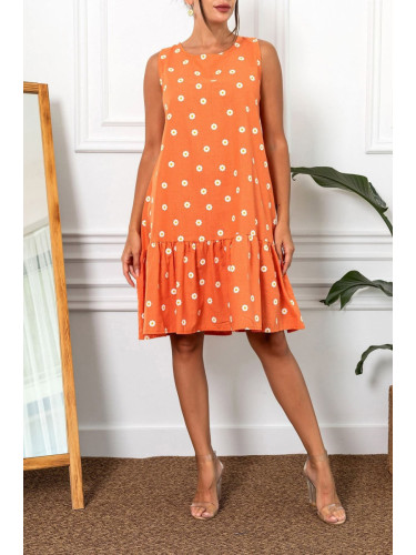 armonika Women's Orange Daisy Pattern Sleeveless Frilly Skirt Dress