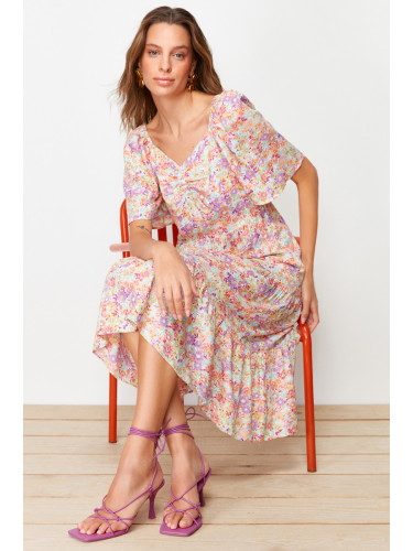 Trendyol Mint A-Line Balloon Sleeve Floral Patterned Midi Woven Dress
