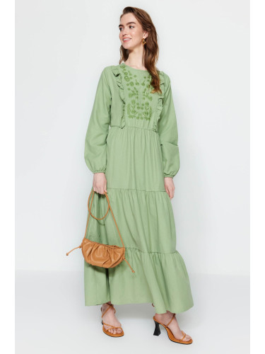 Trendyol Khaki Ruffle Detailed Embroidered Woven Dress