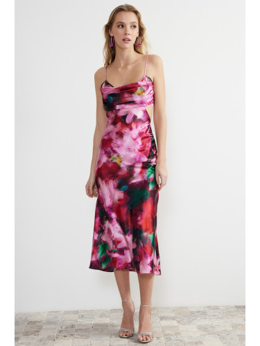 Trendyol Pink-Multi-Colored Floral Patterned Woven Satin Elegant Evening Dress