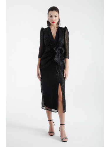Lafaba Women's Black Double Breasted Neck Slit Midi Evening Dress