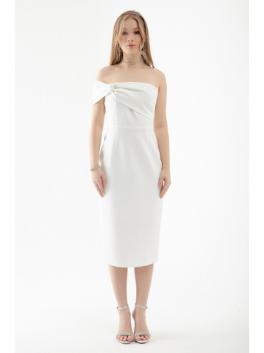 Lafaba Women's White Double Bandage One-Shoulder Midi Evening Dress