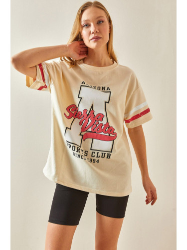 XHAN Cream Crew Neck Front Printed Oversize T-Shirt