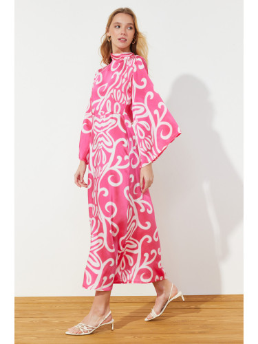 Trendyol Ecru Fuchsia Patterned Satin Woven Evening Dress