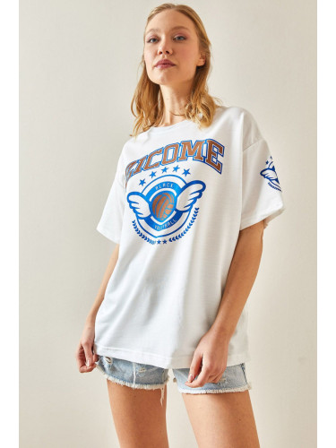 XHAN White Crew Neck Text Oversize T-Shirt