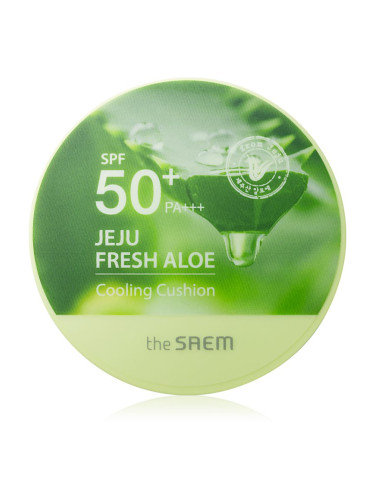 The Saem Jeju Fresh Aloe Cooling Cushion дълготраен грим в гъбичка SPF 50+ с успокояващ ефект цвят Natural Beige 12 гр.