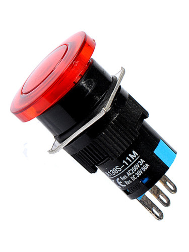 Бутонен превключвател, бутон, ON-(ON), отвор ф16, 5A/30VDC, 3A/250VAC, SPDТ, LED, червен