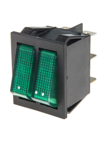 Rocker превключвател, двоен, 2 позиции, OFF-ON, 15A/250VAC, отвор 18x25mm, 6 извода, зелен