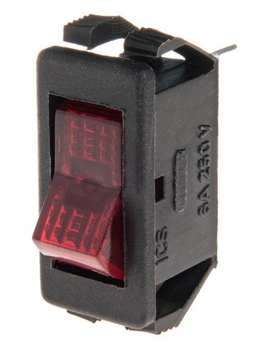 Rocker превключвател, 2 позиции, OFF-ON, 6A/250VAC, отвор 22x13mm, 3 извода, червен