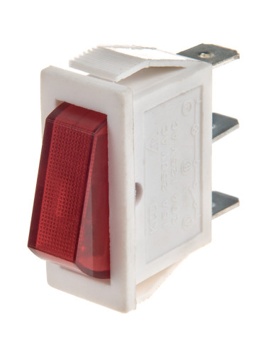 Rocker превключвател, 2 позиции, OFF-ON, 15A/250VAC, отвор 26х11mm, 3 извода, червен, с лампа