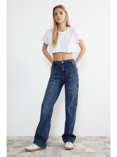 Trendyol Blue Pocket Detailed High Waist Wide Leg Jeans
