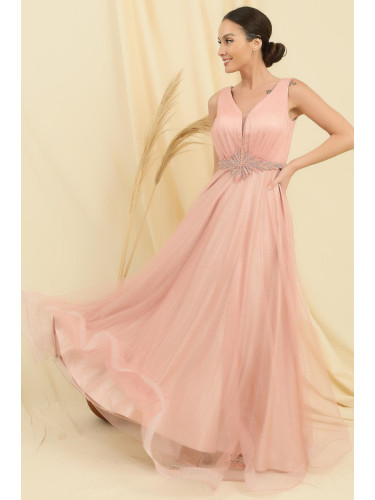 By Saygı V Neck Waist Stoned Lined Top Glitter Inside Satin Long Princess Dress
