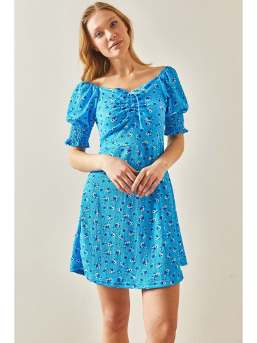 XHAN Turquoise Floral Patterned Gimped Sleeve Dress