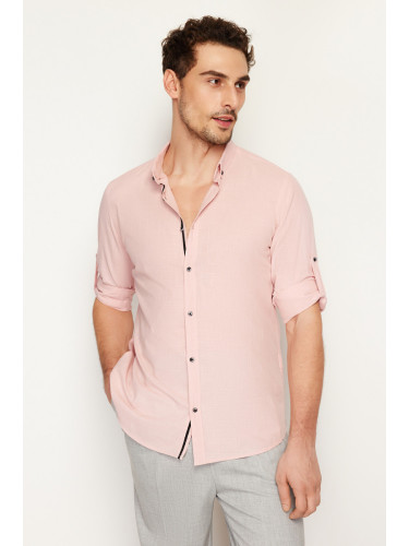 Trendyol Light Pink Slim Fit Button-down Collar with Epaulets 100% Cotton Linen Look Shirt