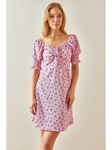 XHAN Pink Floral Pattern Gimped Sleeve Dress