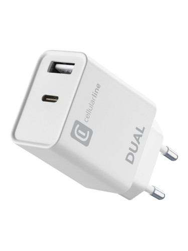 Зарядно за телефон Cellularline, от контакт към 1x USB C(ж), 1x USB A(ж), бяло