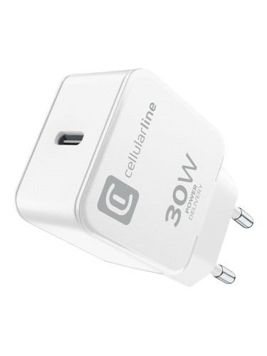 Зарядно устройство Cellularline 8799, от контакт към 1x USB C(ж), 30W, бяло