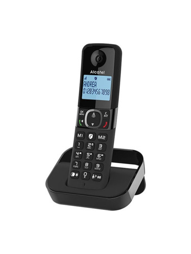 Безжичен DECT телефон Alcatel F860, монохромен осветен дисплей, адресна памет за 100 номера, 2 режима за блокиране на повиквания, черен