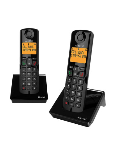 Безжичен DECT телефон Alcatel S280 EWE DUO, 2" (5.08cm) монохромен дисплей, 1 линия, импулсно набиране на номера, адресна памет за 50 номера, функция "свободни ръце", черен