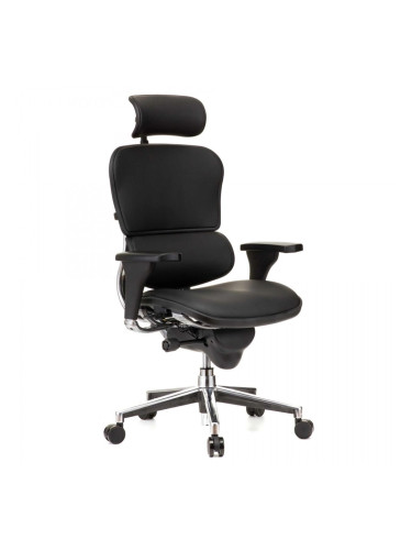 Работен стол Antares ERGOHUMAN LE, до 150кг, естествена кожа, синхронен механизъм, коригиране на височината и дълбочината, заключване в позиция, ергономичен, черен