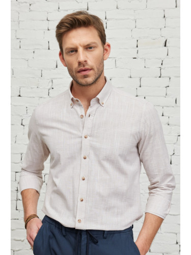 ALTINYILDIZ CLASSICS Men's Beige Slim Fit Slim Fit Buttoned Collar Linen Look 100% Cotton Flamed Shirt