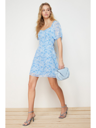 Trendyol Blue Floral Print A-Cut Chiffon Lined Mini Woven Dress