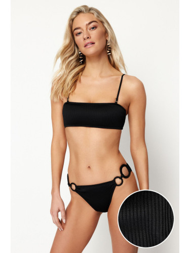 Trendyol Black One-Shoulder Accessory Textured High Leg Brazilian Bikini Set