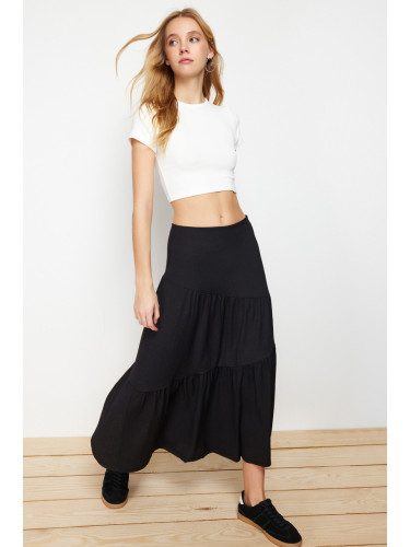 Trendyol Black Wrapped Maxi Pleated Stretchy Knitted Skirt