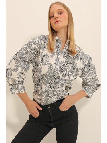 Trend Alaçatı Stili Women's Cream-Black Paisley Patterned Balloon Sleeve Linen Shirt