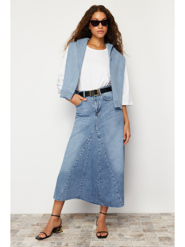 Trendyol Blue Flounce Sewing Detailed High Waist Maxi Denim Skirt