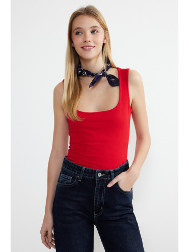 Trendyol Red Square Collar Zero Sleeve Cotton Flexible Fitted/Body-Fitted Knitted Tank Top