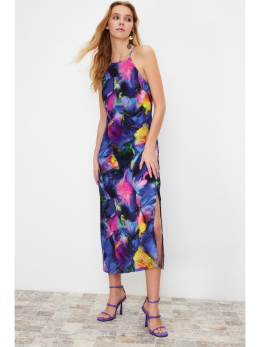 Trendyol Multicolor Floral Print Straight Cut Halter Neck Midi Satin Lined Woven Dress