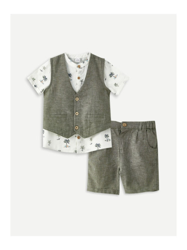 LC Waikiki Big Collar Short Sleeved Printed Baby Boyfriend Shirt, Vest And Shorts 3-Set Set