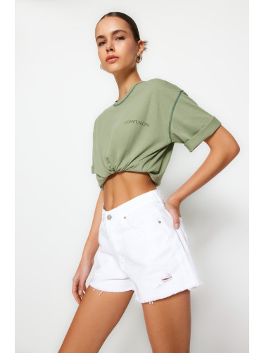 Trendyol White Ripped Regular Waist Denim Shorts
