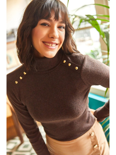 Olalook Women's Bitter Brown Shoulder Button Detailed Turtleneck Rack Sweater