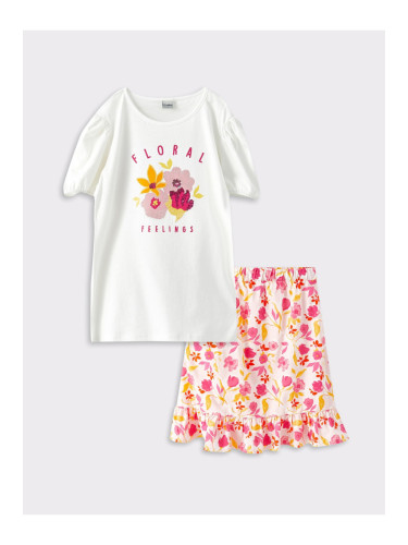 LC Waikiki Girls' Crew Neck Printed Short Sleeved T-Shirt And Skirt