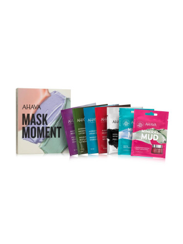 AHAVA Mask Moment Подаръчен комплект маска Mineral Mud Brightening & Hydrating Mask 6 ml + маска Mineral Mud Clearing Mask 6 ml + маска Dunaliella Algae Refresh & Smooth Peel-Off Mask 8 ml + маска Purifying Mud Mask 8 ml + маска Extreme Radiance Lifting Mask 8 ml + маска Hydration Cream Mask 8 ml + 