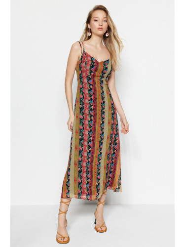 Trendyol Multicolored Patterned A-Cut Strap Midi Lined Woven Dress