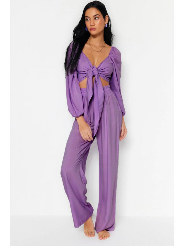 Trendyol Lilac Woven Tied Blouse Trousers Beach Set