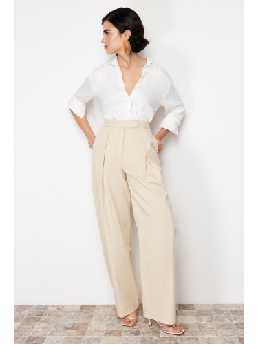 Trendyol Beige Wide Leg Double Pleated Cotton Fabric Woven Trousers