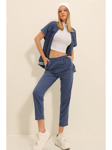 Trend Alaçatı Stili Women's Indigo Four Pocket Ribbed Double Sleeve Jacket and Trousers Set