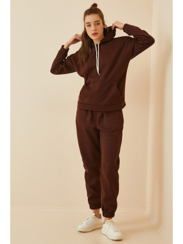 Happiness İstanbul Women's Dark Brown Hooded Fleece Tracksuit