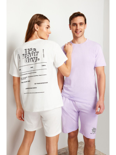 Trendyol Light Lilac Printed Regular Fit Couple Knitted Shorts Pajamas Set