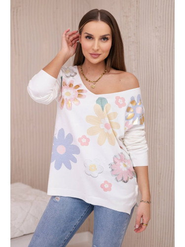 Sweater blouse with colorful flowers yellow+blue