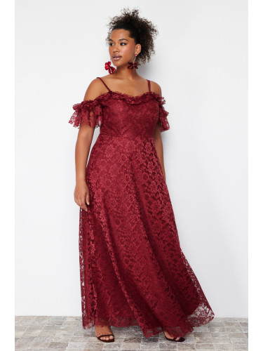 Trendyol Curve Burgundy Strappy A-Line/Flared Lace Maxi/Long Length Evening Dress/Graduation/Engagement/Evening Dress