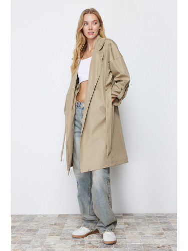 Trendyol Light Khaki Oversize Belted Water Repellent Long Trench Coat