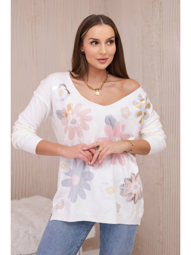 Sweater blouse with colorful flowers pink+gray