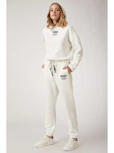 Happiness İstanbul Women's Ecru Fleece Printed Tracksuit Set