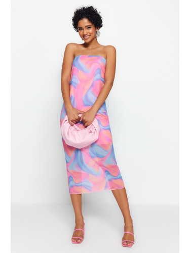 Trendyol Multicolored Printed Tulle Lined Shift/Straight Strapless Midi Flexible Knitted Pencil Dress
