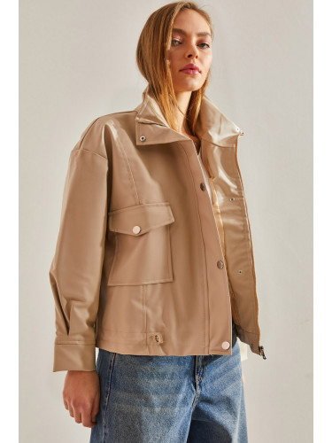 Bianco Lucci Women's Leather Jacket with Double Large Pockets